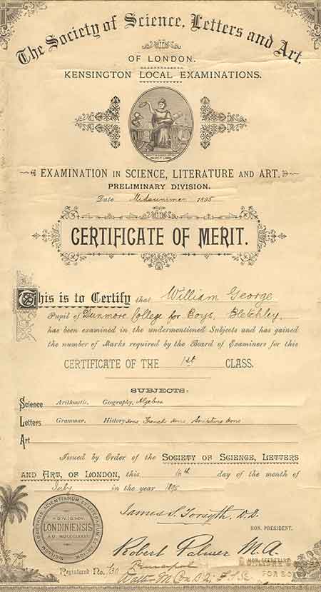 Copy of original certificate awarded to William George in July 1895