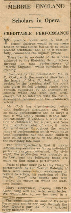 Newspaper clipping of Merrie England performance