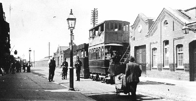 The tram outside Wolverton Bath House.