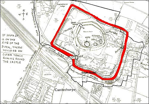 The ditch to the castle outlined in red