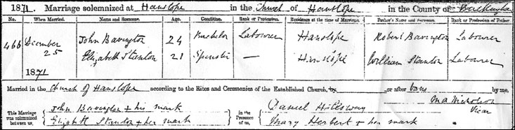 John Bavington & Elizabeth Stanton's wedding certificate