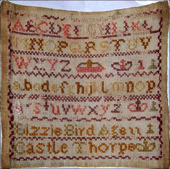 Sampler sewn by Lizzie Bird of Castle Thorpe in 1888
