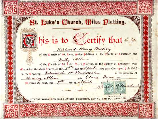 Richard & Nelly Maltby marriage certificate dated 1902