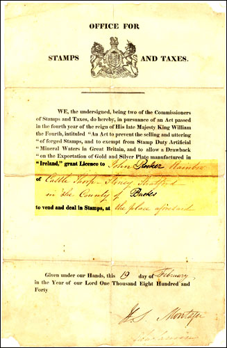 Licence to vend & deal in Stamps dated 19th February 1840