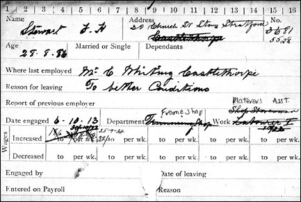 Frederick H. Stewart 's Wolverton  Carriage & Wagon Works employment card