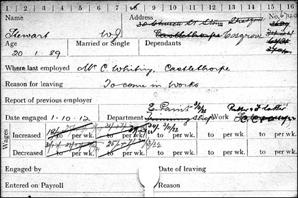William J. Stewart 's Wolverton Carriage & Wagon Works employment card