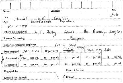 George James Stewart 's Wolverton Carriage & Wagon Works employment card