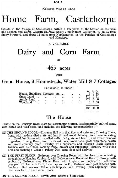 Castlethorpe Estate Sale September 1920 - Lot 1 Home Farm
