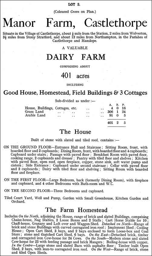 Castlethorpe Estate Sale September 1920 - Lot 2 Manor Farm