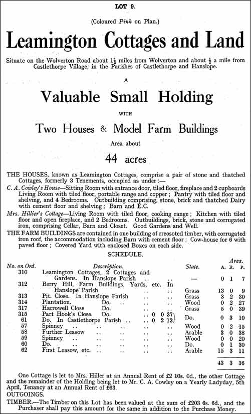 Castlethorpe Estate Sale September 1920 - Lot 9 Leamington Cottages & Land