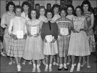 Line up for selection of Miss Castlethorpe 1959 Back row L-R: Maureen Collier, Jean Pittam, Carole Keeves, Carol Stevens, Dorothy Belton, Ann Gray Front row L-R: Sue Lane, Caroline Bibby, Valerie Carpenter, Rita Sills, Jane Bavington