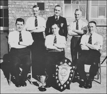 Castlethorpe 1949 Winning Ambulance Team Standing: W. Taylor (from Hanslope), A. C. Nichols, C. Hopkins, Sitting: Frederick William Pateman (Castlethorpe stationmaster), Len Robinson (Capt.) , Ernest Green