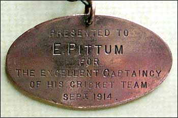 Medal presented to E. Pittam for his captaincy of the 1914 cricket team