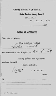 Notice of admission to North Middlesex County Hospital