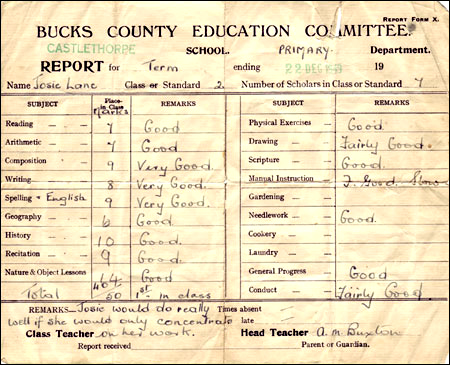Josie Lane's school report 1949