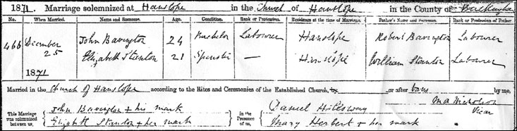 John Bavington & Elizabeth Stanton's wedding certificate