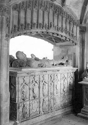 Freestone canopy and alabaster figure and tomb chest of James I, 11th Lord Berkeley
