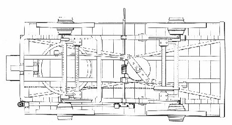Diagram showing the special mechanism that allowed the tram to travel on the road. The handle at the top is wound to raise or lower the road wheels and lift the car on and off the track.