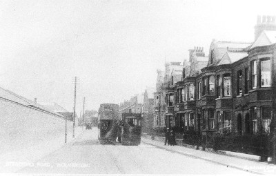 Trams passing each other, Stratford Road, Wolverton