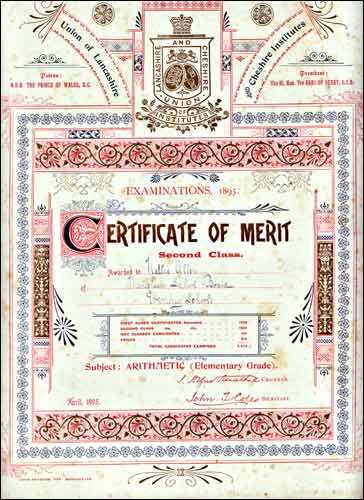 City of Manchester School Board Evening School certificate 1896