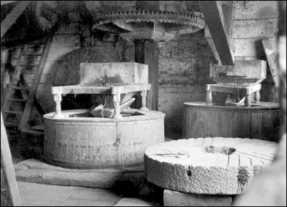 Interior view showing the millstones & hopper