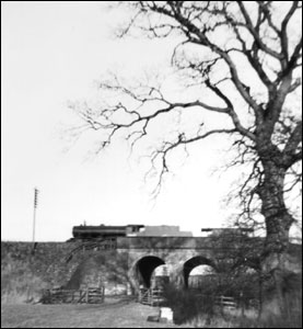 A steam train passing over the Three Arches north - of Castlethorpe