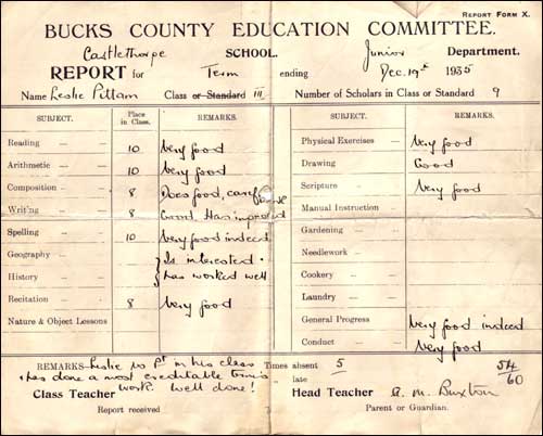  Les Pittam's school report 1935