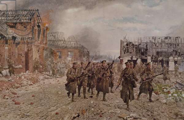 English brigade entering village of Neuve Chapelle, near Calais, after clashes of March 1915 - courtesy of Bridgeman Images DGA624237 G. Dagli Orti