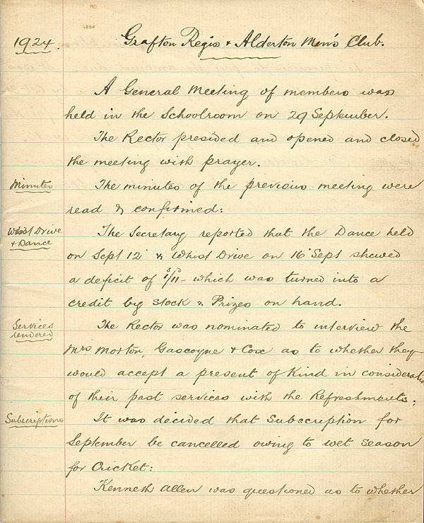 Page 1 of the Minute Book of Grafton Regis & Alderton Men's Club 1924 - 8