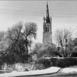 Horse pond and the church tower in the winter of 1977