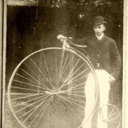 William Slade Higgins with penny farthing, 1887