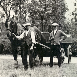 Jake Herbert and Joe Brown with horse and cart c.1940