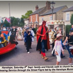 Walk to the church for a blessing service, led by the Hanslope Mummers through the Street Fayre, Saturday 9 September 2000.