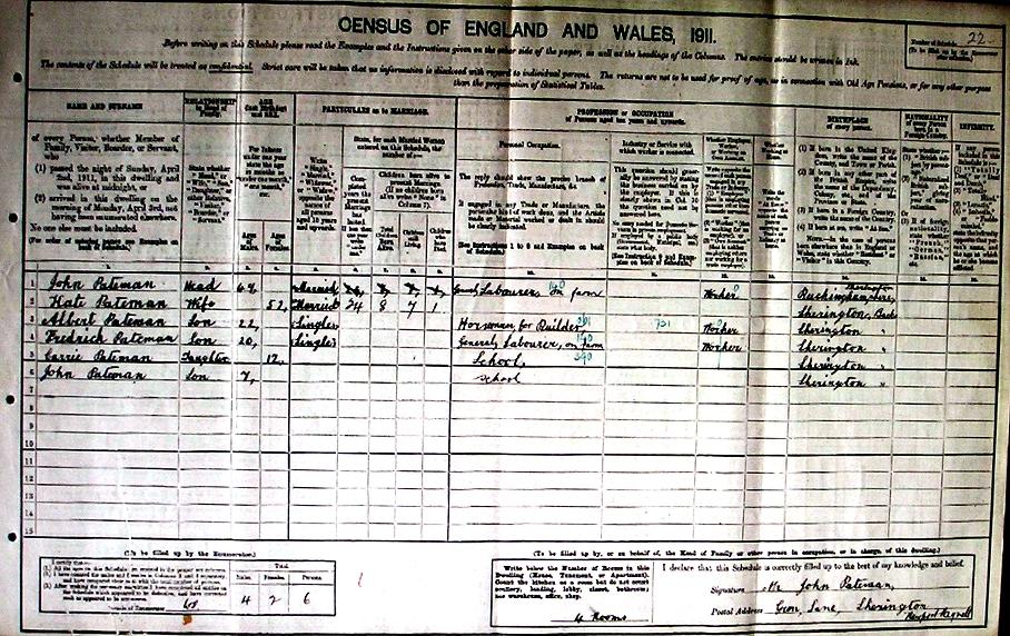 Typical 1911 Census Form: Pateman family of Gun Lane