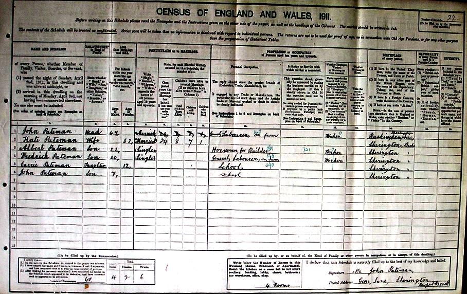 Typical 1911 Census Form: Pateman family of Gun Lane Typical 1911 Census Form: Pateman family of Gun Lane