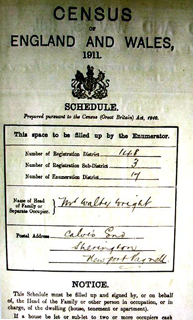 1911 Census - Typical address label - Walter Wright, Calves End