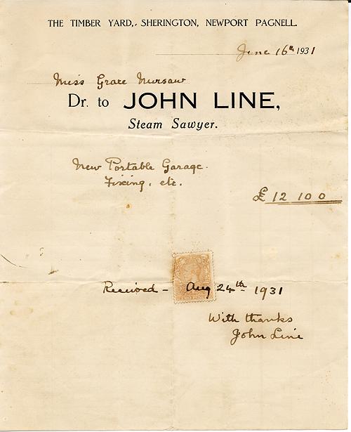Bill of sale for a garage from John Line's timber yard on the Knoll