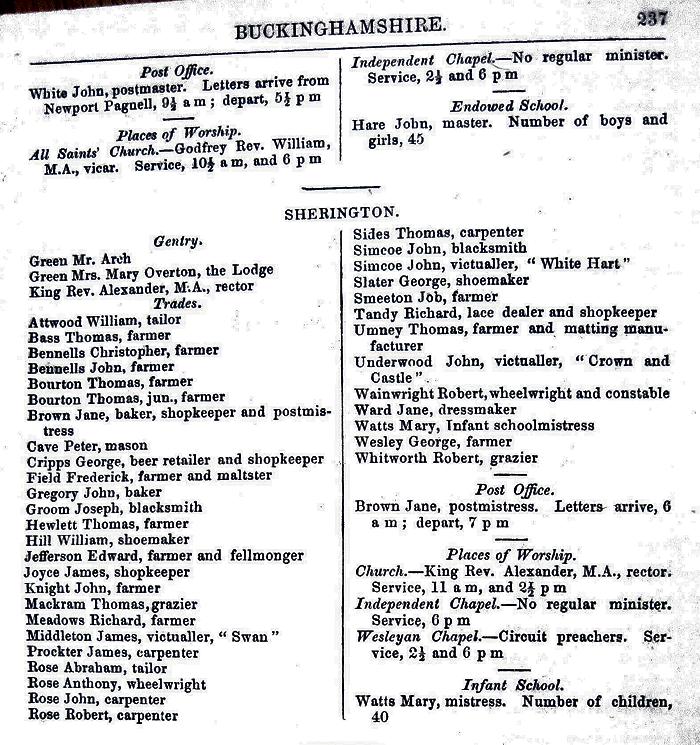 Musson and Craven Directory 1853 - Sherington entry