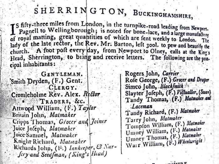 Universal British Directory 1790-8 - Sherington entry