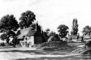 The Swan Inn drawn by Ian Strang about 1940 also showing Swan Cottage and Bird's Cottage.