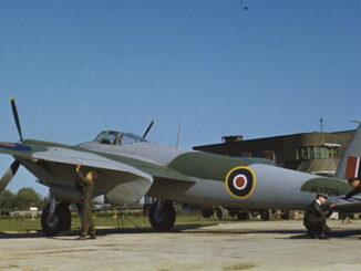 Fitters making adjustments to the tailplane of Mosquito at Hatfield.