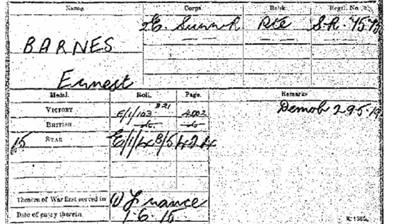 Ernest John Barnes medal card