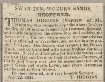 Swan Inn Woburn Sands, Advert 1821