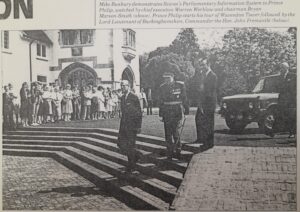 The Duke of Edinburgh opens the new offices at Wavendon Tower, alongside the Lord Lieutenant of Bucks., Commander the Hon. John Fremantle.
