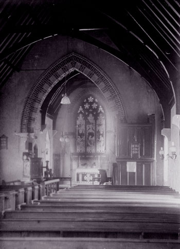 St Leonards the organ in original position. 1940s photograph by Mr De Blois Leach - Northants Record Office.